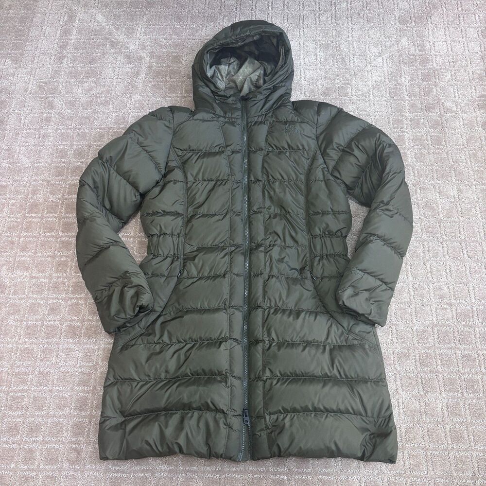 The North Face Down Puffer Parka Coat Women's L Green Zip Hooded Warm Long
